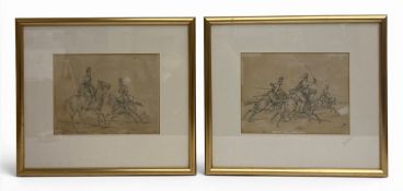 A pair of 19th century pencil drawings of Hussar cavalry soldiers on horseback. Both monogrammed.