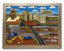 A large mixed media 3D industrial townscape by Thomas Mzukisi Somdaka. Signed bottom right in a
