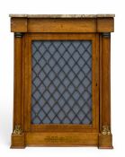 A Regency rosewood dwarf pier cabinet with break-fronted marble top over the fabric backed brass