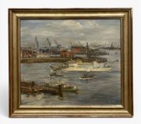 Anton Werner (1902-1976), a mid-century framed oil on board depicting as industrial port scene in