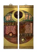 A 1970s Chinese Brutalist style abstract metal clad diptych in relief with Chinese calligraphic