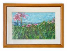 A contemporary mixed media collage and oil landscape painting on paper. Unsigned. Framed and glazed.