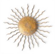 A Spanish mid-century painted and distressed wrought iron sunburst back lit wall sconce. Dia.60cm