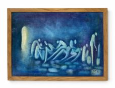 A contemporary Indian abstract modernist style figural oil on canvas board. Signed bottom right in a