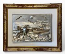 A contemporary silvered composite resin bas relief wall plaque titled 'Marina' by Paolo Schiraldi.