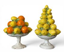 A pair of large vintage Italian Majolica ceramic centrepieces with hand painted lemons and oranges