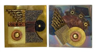Stephen Chun (b.1949), a pair of 1970s Brutalist style abstract metal clad wall plaques in relief.