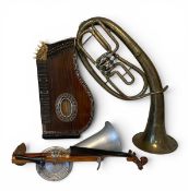 A mixed lot of musical instruments to incude a vintage brass tenor horn together with a C.1900 Stroh