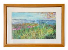 A contemporary mixed media collage and oil landscape painting on paper. Unsigned. Framed and glazed.