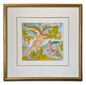 A modern pencil and watercolour painting depicting two winged putti by Lee Vogelstein. Signed in