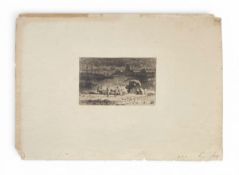 Felix-Hilaire Buhot (1847-1898), a small 19th century drypoint etching titled 'Woman and Donkeys'.