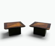 A pair of 1980's vintage Italian lamp tables in a lacquered geometric burr elm finish resting on