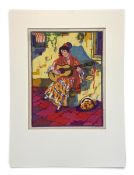 A contemporary woodcut depicting a Spanish guitar player in traditional flamenco dress. Signed