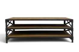 A contemporary teak and metal framed three tier low table. H.50 x W.140 x D.50cm