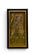 A hand embroidered and threaded tapestry panel, abstract composition, feathers, pleated silk and