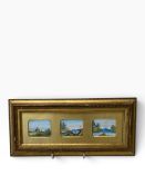 A miniature Victorian gilt framed triptych of country scenes with gilt mount. H 13cm x W 27cm x D