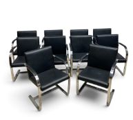 After Mies van der Rohe, a set of ten BRNO chairs in black leather upholstery. H.82 x W.57 x D.52cm