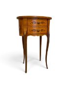 A pair of small Continental style marquetry inlaid chests on slender cabriole supports. H.64 x W.