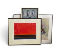 A framed watercolour, expressionist style figures, signed and dated, (glass broken), a numbered