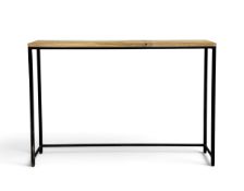 A contemporary teak and iron framed narrow console table. H.93 x W.139 x D.23