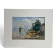 Josef Wopfner (1843-1927), an unframed watercolour, figures in boats in a Continental lakescape,