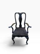 An early Georgian style black lacquered open armchair. H 100cm x W 70cm x D 47cm