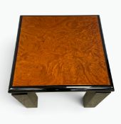 A 1980's vintage Italian coffee table with burr elm top and ebonised lacquered frame. H.58 x W.70