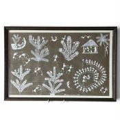 A hand-painted decorative folk art panel, framed and glazed. H 34 cm x W 50cm