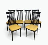A set of six 1980's vintage Italian dining chairs in ebonised lacquered finish. H.107 x W.45 x D.
