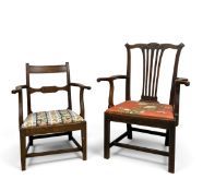 A Georgian country elm open armchair along with a smaller mahogany example. Tallest - H.97 x W.71