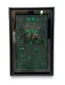 A hand embroidered and threaded tapestry panel, abstract composition, feathers, ruched silk and tear