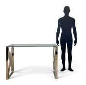 A contemporary ZENN stainless steel and plate glass console table on X-framed trestle supports. H.78