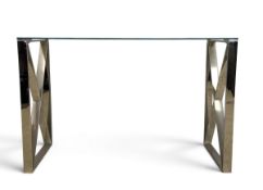 A contemporary ZENN stainless steel and plate glass console table on X-framed trestle supports. H.78