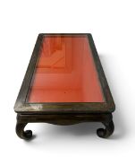 A Chinese padouk coffee table with a drop in plate glass surface above a recessed display top. H.