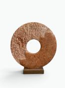 Alexia Weill, sculpture in Sienna marble with bronze leaf on wooden base titled: Complementary
