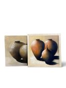 Two large unframed oils on canvas, complementary studies of clay pots and vases, both indistinctly