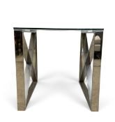 A pair of contemporary ZENN stainless steel and plate glass lamp tables on X-frame trestle supports.