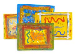 A set of four unsigned abstract acrylic paintings on paper. H.57 W.77cm largest