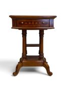 A Continental walnut and inlaid side table with green leather inset top above frieze drawer on
