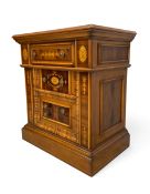 A small Continental style walnut and satinwood inlaid chest of three drawers. H.68 x W.62 x D.39cm
