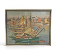 A framed and glazed oil on canvas board, sailing boats in a Continental harbour, indistinctly