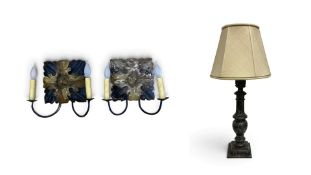 A pair of carved and painted twin branch wall sconces and a faux marble table lamp. H.30 x W.28cm.