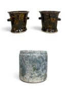 A pair of glazed planters and a smaller similar. H.17 x W.19cm. Small Pot H.14cm