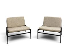 A pair of mid century lounge chairs with loose cushions on fully reclining metal bases. H.66 X W.