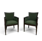 A pair of contemporary stained teak salon armchairs in calico upholstery. H.85 x W.57 x D.45cm