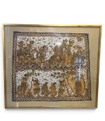 A large Balinese Kamasan painting on textile depicting warriors and deities in two registers, gilt