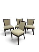 A set of four contemporary stained teak dining chairs in calico upholstery. H.87 x W.52 x D.44cm