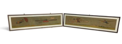 A pair of framed and glazed 1930s nursery cartoons depicting children flying, in the style of John