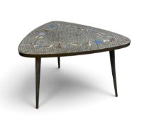 A mid century coffee table with a metal bound mosaic top on splayed supports. H.58 x W.78 x D.62cm