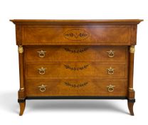 An inlaid satinwood Biedermeier style chest with fitted secretaire section above three long